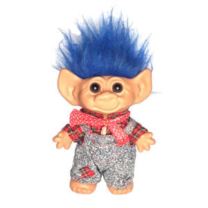Vintage Troll Doll Size 8” Large Blue Hair Overall